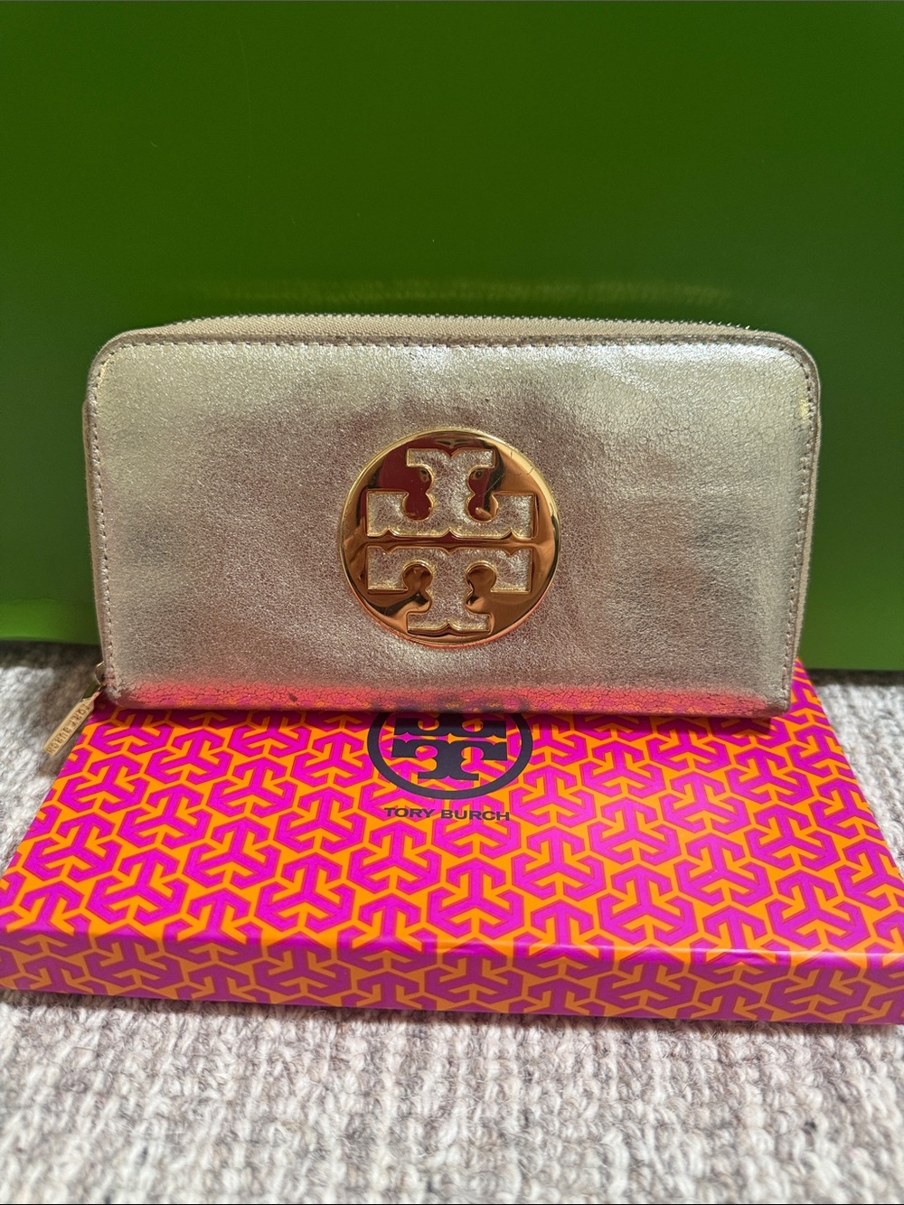 Tory Burch Metallic Gold Zip-Around Wallet with Logo Medallion